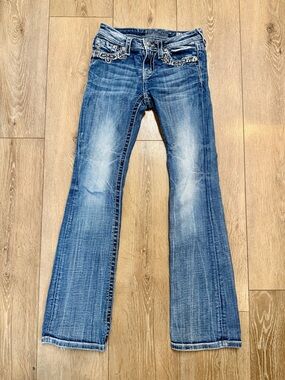Miss Me Girls Distressed Light Blue Bootcut Jeans w/ Embellished Pockets size 14